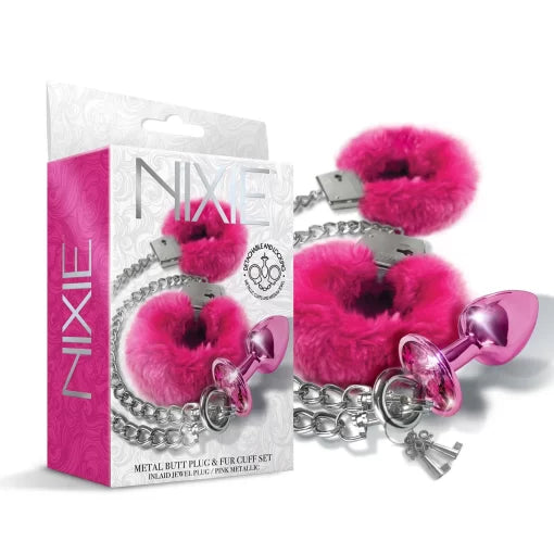 NIXIE METAL BUTT PLUG & CUFF SET MATALLIC PINK