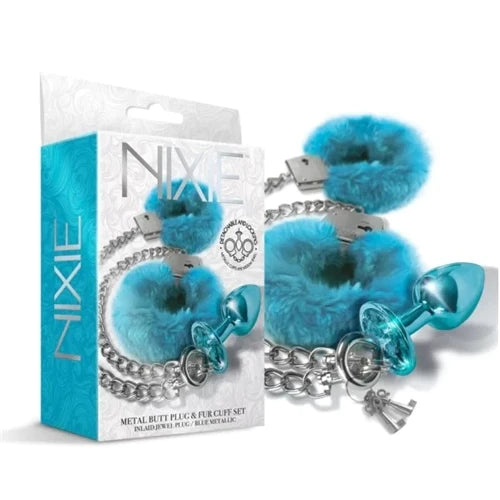 NIXIE METAL BUTT PLUG & CUFF SET MATALLIC BLUE