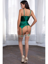 Load image into Gallery viewer, STM 11208 GREEN BUSTIER SET SATIN LACE WITH SIDE CUT OUTS &amp; G STRING SIZE L
