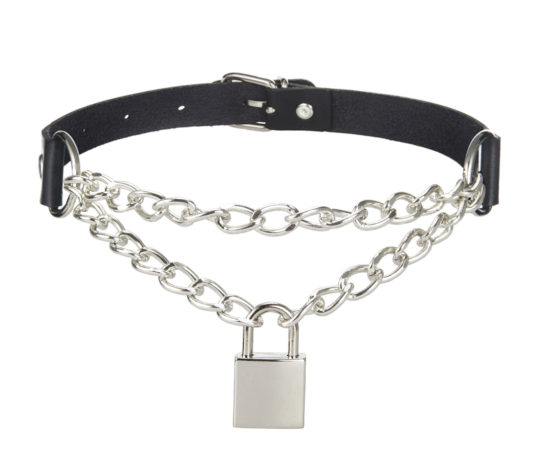 LOVE IN LEATHER CHOKER BLACK LEATHER WITH SILBER CHAIN AND PADLOCK CHO024
