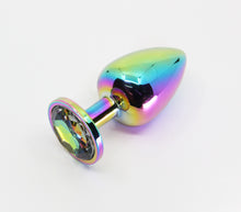 Load image into Gallery viewer, LOVE IN LEATHER ANAL PLUG SILVER METAL WITH RAINBOW ROUND GEM SMALL PLU001RBS
