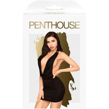 Load image into Gallery viewer, PENTHOUSE LINGERIE HEART THROB DEEP COWL NECK MINI DRESS WITH THONG BLACK M/L
