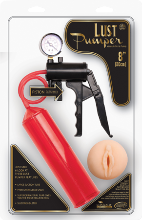 LUST PUMPER 8 INCH PISTOL GRIP PENIS PUMP WITH PUSSY STROKER INSERT RED